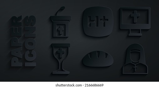 Set Christian bread, cross on monitor, chalice, Nun,  and Church sermon tribune icon. Vector