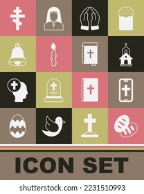 Set Christian bread, cross on phone, Church building, Hands praying position, Burning candle, bell,  and Holy bible book icon. Vector