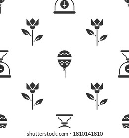 Set Christian chalice, Balloons with ribbon and Flower tulip on seamless pattern. Vector