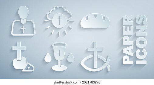 Set Christian chalice, Bread loaf, cross, fish, Religious in circle and Priest icon. Vector