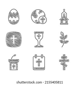 Set Christian Chalice, Calendar With Easter, Cross, Willow Leaf, Church Sermon Tribune, Building And Egg Icon. Vector