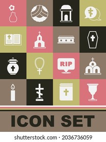 Set Christian chalice, Church building, Coffin with cross, Old crypt, Holy bible book, Flower vase and  icon. Vector