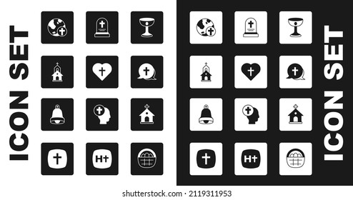 Set Christian chalice, cross in heart, Church building, with globe, Grave tombstone,  and bell icon. Vector
