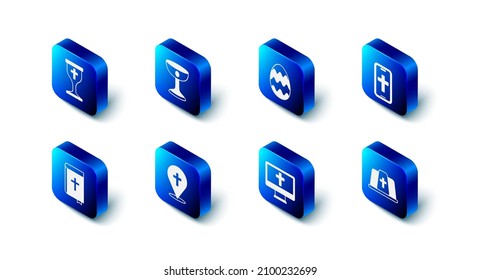 Set Christian chalice, Easter egg, cross on phone, Pope hat, monitor, Location church building, Holy bible book and  icon. Vector