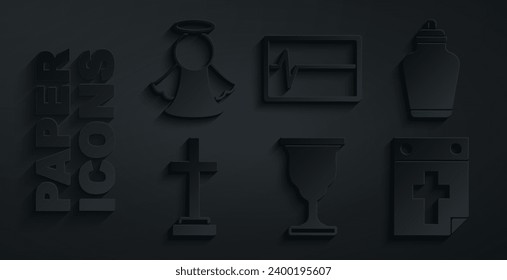 Set Christian chalice, Funeral urn, Grave with cross, Calendar death, Beat dead in monitor and Angel icon. Vector