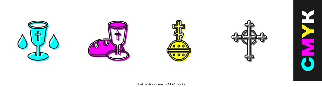 Set Christian chalice, Goblet and bread, cross and  icon. Vector