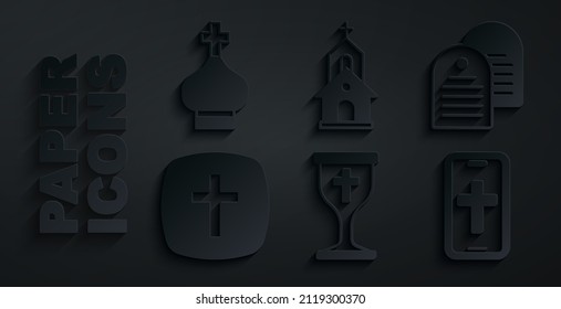 Set Christian chalice, Holy bible book, cross, on phone, Church building and church tower icon. Vector