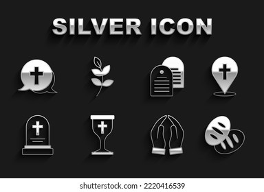 Set Christian chalice, Location church building, bread, Hands praying position, Grave with tombstone, Holy bible book, cross and Willow leaf icon. Vector