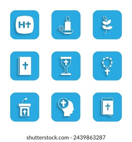 Set Christian chalice, Priest, Holy bible book, Rosary beads religion, Church sermon tribune, Willow leaf and cross icon. Vector