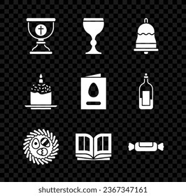 Set Christian chalice, Wine glass, Ringing bell, Easter egg wicker nest, Holy bible book, Candy, cake candle and Greeting card with Happy icon. Vector