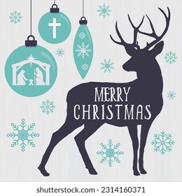 A set of Christian Christmas graphics featuring the nativity, tree ornaments and the silhouette of a reindeer.