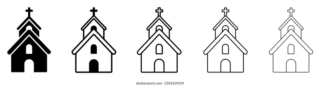 Set of christian church building icons. Christian religion, chapel with cross, church building, church silhouette. Landmark location symbol for map. Vector.