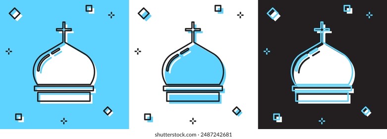 Set Christian church tower icon isolated on blue and white, black background. Religion of church.  Vector