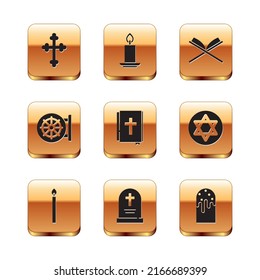 Set Christian cross, Burning candle, Tombstone with, Holy bible book, Dharma wheel, of Koran, Easter cake and  icon. Vector
