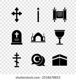 Set christliches Kreuz, Brennende Kerze, Dekret, Papier, Pergament, Schriftrolle, Sternhalbmond, Kaaba Moschee, Tombstone mit und Hinduspirituellen Tempel Symbol. Vektorgrafik