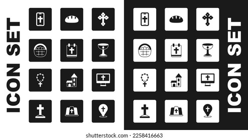 Set Christian cross, Calendar with Easter, Basket easter eggs, on phone, chalice, bread, monitor and Rosary beads religion icon. Vector