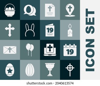Set Christian cross, Calendar with Happy Easter, Burning candle, Greeting card, Mask long bunny ears, Basket easter eggs and  icon. Vector