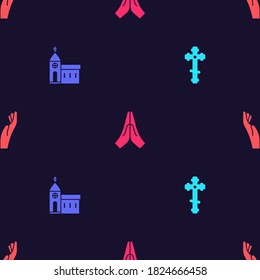 Set Christian cross, Church building, Hands praying position and on seamless pattern. Vector.