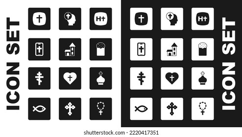 Set Christian cross, Church building, on phone, Easter cake, Priest, church tower and  icon. Vector