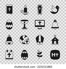Set Christian cross, Church building, bell, Coffin, chalice, Easter egg, Holy bible book and on monitor icon. Vector