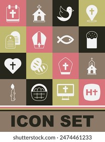 Set Christian cross, Church building, Easter cake, Dove, Pope hat, Holy bible book, Calendar with and fish symbol icon. Vector