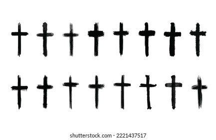 Set Of Christian cross church icon. Christianity symbol of Jesus Christ. Natural black and white brush strokes.