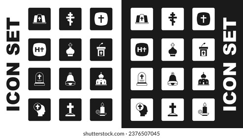Set Christian cross, church tower, Pope hat, Church sermon tribune, building and Grave with tombstone icon. Vector