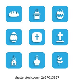 Set Christian cross, church tower, Willow leaf, Grave with, Church building, Easter egg,  and bread icon. Vector
