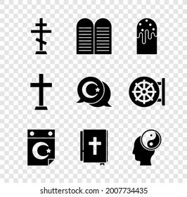 Set Christian cross, The commandments, Easter cake, Star crescent, Holy bible book, Yin Yang,  and  icon. Vector