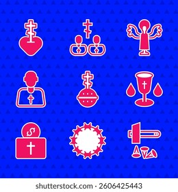 Set Christian cross, Crown of thorns, Crucifixion Jesus, chalice, Donation for church, Priest, Angel and Religious in heart icon. Vector