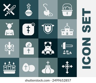 Set Christian cross, Crucifixion of Jesus, Church building, Magic staff, Online church pastor preaching, Krampus, heck, Crusade and Flag with christian icon. Vector