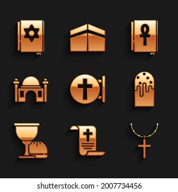 Set Christian cross, Decree, paper, parchment, scroll, on chain, Easter cake, Holy grail or chalice, Muslim Mosque, Cross ankh book and Jewish torah icon. Vector