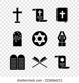 Set Christian Cross, Decree, Paper, Parchment, Scroll, Holy Bible Book, The Commandments, Of Koran, Torah, Easter Cake And Star David Icon. Vector