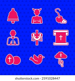 Set Christian cross, Dove, God's helping hand, Flag with christian, Easter egg, Hands praying position, Magic staff and Church bell icon. Vector