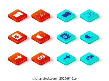 Fijar cruz cristiana, huevo de Pascua, Calendario con Feliz, Cesta, Máscara orejas de conejo largo e ícono de pastel. Vector