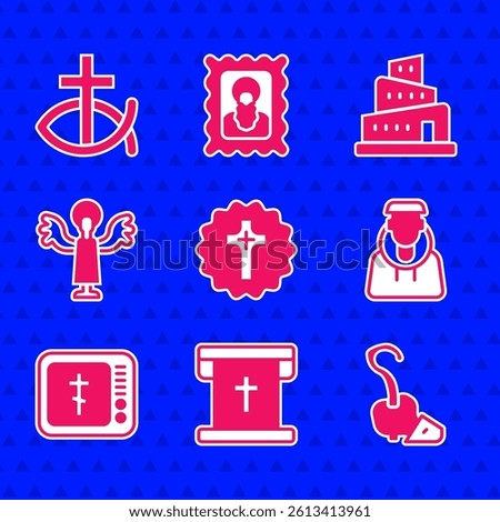 Set Christian cross, Flag with christian, Magic staff, Monk, Online church pastor preaching, Angel, Babel tower bible story and fish icon. Vector
