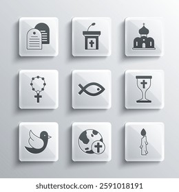 Set Christian cross with globe, Burning candle, chalice, fish symbol, Dove, Rosary beads religion, Holy bible book and Church building icon. Vector