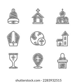 Set Christian cross with globe, Location church building, Church pastor preaching, chalice, Pope hat,  and bell icon. Vector
