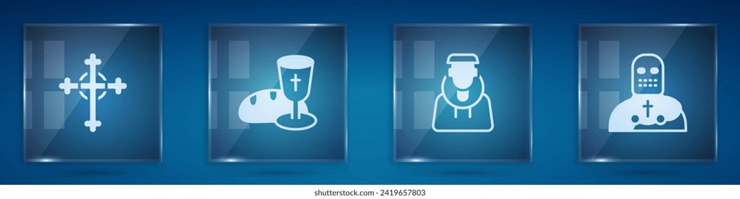 Set Christian cross, Goblet and bread, Monk and Knight crusader. Square glass panels. Vector