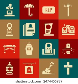 Set Christian cross, Grave with coffin, tombstone, Speech bubble rip death, Death certificate, Location grave,  and  icon. Vector