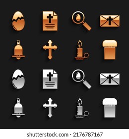 Set Christian cross, Greeting card with Happy Easter, cake, Burning candle candlestick, Ringing bell, Search easter egg, Broken and  icon. Vector