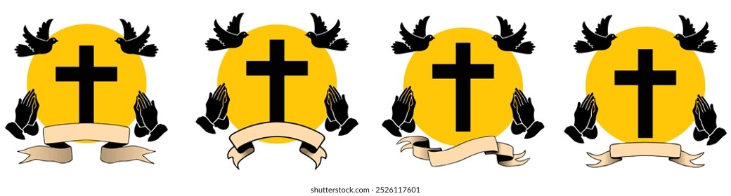 Satz christliches Kreuz mit Heiligenschein, beten Hand, Vintage-Band und Taubenvogel, Vektor Jesus Christus, Religionssymbol, Ostern, Taufe. Heiliger Geist. Taufe