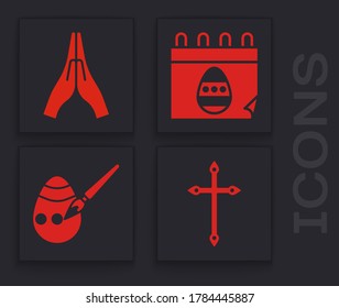 Set Christian cross, Hands in praying position, Calendar with Easter egg and Easter egg and paint brush icon. Vector