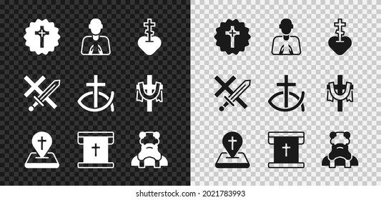 Set Christian cross, Hands in praying position, Religious heart, Location church building, Flag with christian, Priest, Crusade and fish icon. Vector