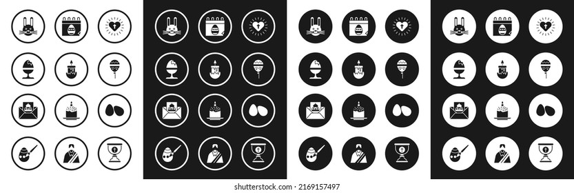 Set Christian cross and heart, Burning candle, Chicken egg on stand, Easter rabbit, Balloons with ribbon, Calendar, eggs and Greeting card Happy icon. Vector