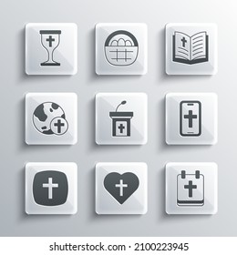 Set Christian cross in heart, Calendar with Easter, on phone, Church sermon tribune, globe, chalice and Holy bible book icon. Vector