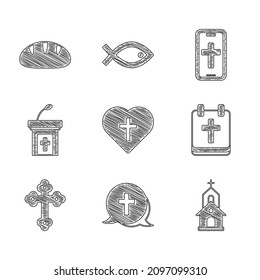 Set Christian Cross In Heart, Church Building, Calendar With Easter, Sermon Tribune, Phone And Bread Icon. Vector