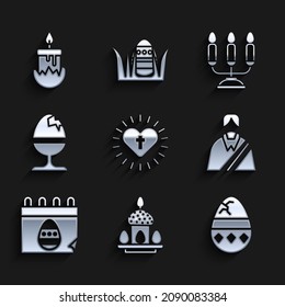 Set Christian cross and heart, Easter cake eggs, Cracked, Jesus, Calendar with, Chicken on stand, Candelabrum candlesticks and Burning icon. Vector