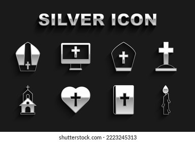 Set Christian cross in heart, Grave with, Burning candle, Holy bible book, Church building, Pope hat,  and on monitor icon. Vector