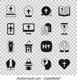 Set Christian cross in heart, Hands praying position, chalice, monitor, phone, Grave with tombstone and Holy bible book icon. Vector